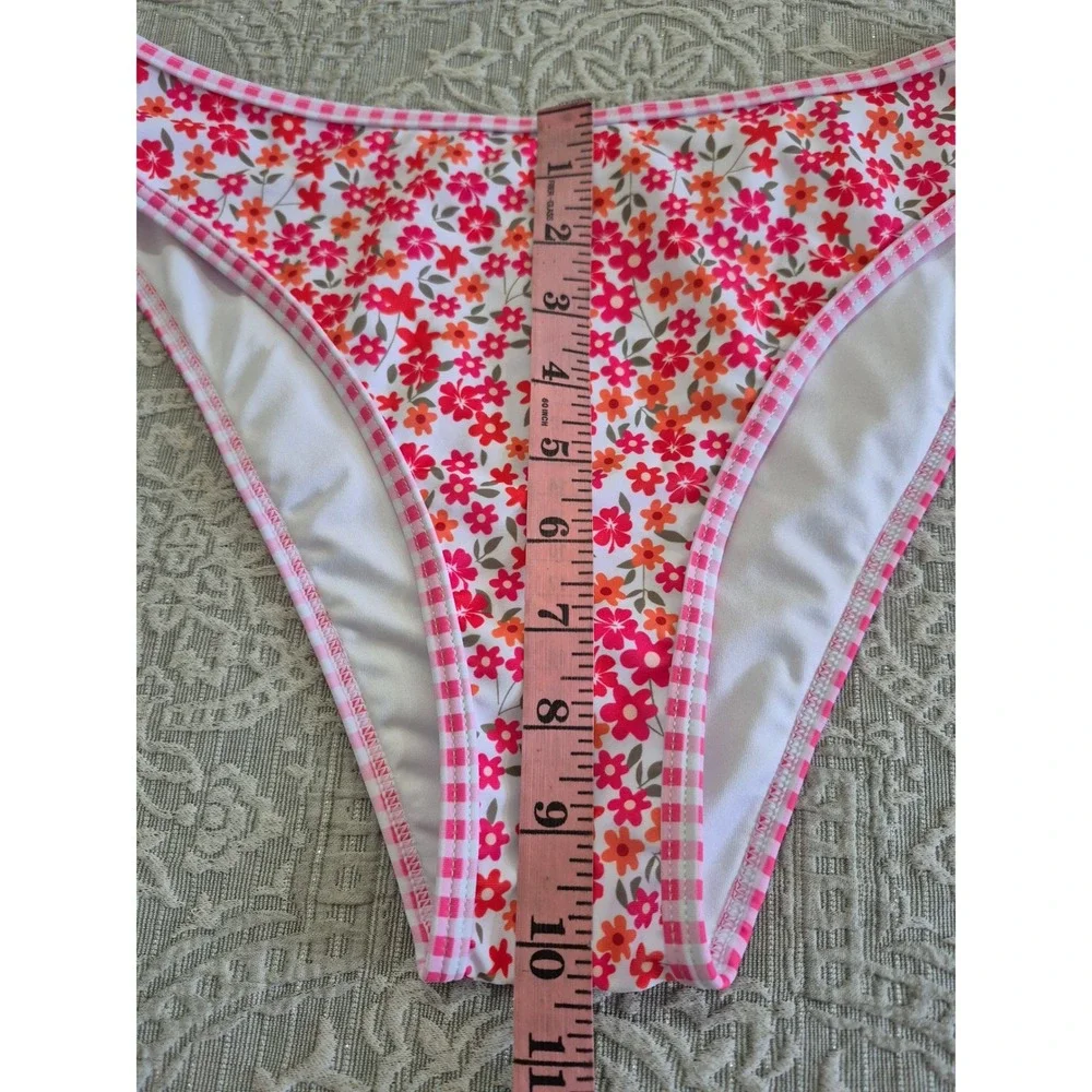Zaful Womens Pink Floral Gingham Trim Bikini‎ Bottoms Size M High Cut Swimwear